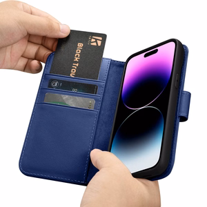 iCarer Maki apvalks 2in1 vāks iPhone 14 Pro Max Anti-RFID ādas atverams apvalks zils (WMI14220728-BU)