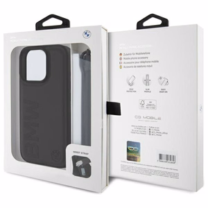 BMW Signature Leather Wordmark Cord Case priekš iPhone 16 Pro - Melns