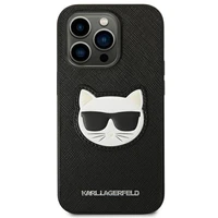 Karl Lagerfeld Saffiano Choupette Head Patch viedtālruņa apvalks iPhone 14 Pro - melns
