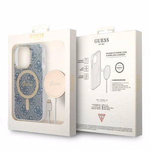 Komplekts Guess GUBPP14LH4EACSB vāciņš + lādētājs iPhone 14 Pro 6.1" zils cietais vāciņš ar 4G rakstu Magnētiskais