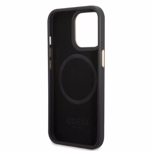 Guess GUHMP13LSAPSTK iPhone 13 Pro / 13 6.1" melns/melns cietais viedtālruņa apvalks Peony Logo Plate Magnētiskais MagSafe