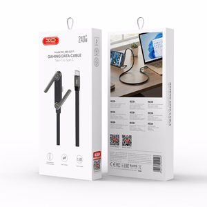 XO NB-Q311 PD USB-C–USB-C kabelis, 1,5m, 240W, melns, plakans, ar statīvu