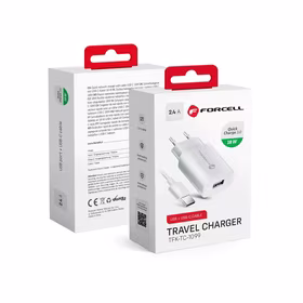 FORCELL F-ENERGY TFK-TC-1099 ceļojumu lādētājs USB A + kabelis USB A uz Type C QC3.0 2,4A 18W balts