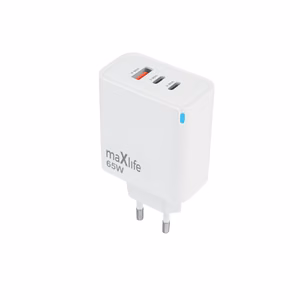 Maxlife MXTC-09-65ACC GaN PD QC lādētājs 2x USB-C 1x USB 65W balts