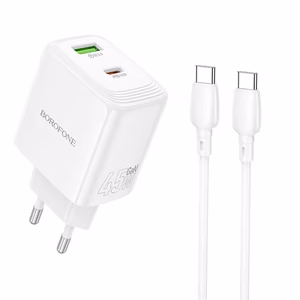 Borofone сетевое зарядное устройство BN30 Cargador GaN - USB + Type C - QC 3.0 PD 45W с кабелем Type C - Type C белый
