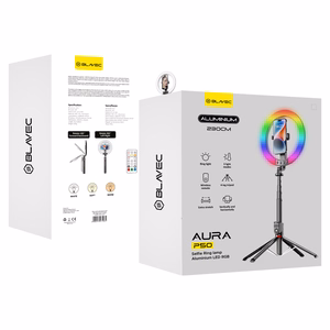 Blavec Selfie gredzena lampa Aluminium Aura LED RGB gredzens P-50 25cm statīvs + tālvadības pults + 2,3 metri (RLP50-TRB23) melna