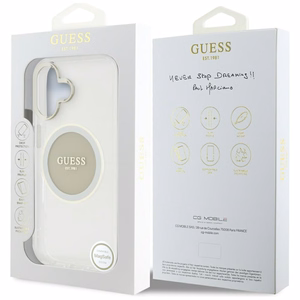 Guess IML Metal Colored Circle Classic Logo Magnētiskais viedtālruņa apvalks iPhone 16 - pelēks