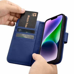 iCarer Maki apvalks 2in1 vāks iPhone 14 Plus Anti-RFID ādas atverams apvalks zils (WMI14220727-BU)