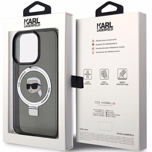 Karl Lagerfeld KLHMP15LHMRSKHK iPhone 15 Pro 6.1" melns/melns cietais apvalks ar gredzena statīvu Karl Head Magnētiskais