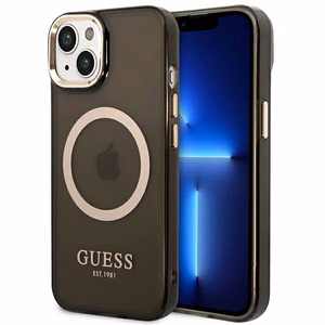 Guess GUHMP14SHTCMK iPhone 14 6.1" melns/melns cietais apvalks Zelta kontūra Daļēji caurspīdīgs Magnētiskais