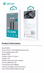 Devia Ultra3 USB-C PD 240W metāla austs plakans ātrās uzlādes kabelis 1,5 m balts
