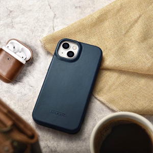 iCarer CE Premium ādas folio vāciņš iPhone 14 Plus ar MagSafe magnētisku flip vāciņu - zilā krāsā