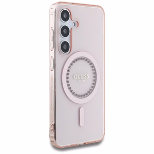 Guess Kristāli Drukāts Klasiskais Logotips Magnētiskais Samsung Galaxy S25 Viedtālruņa apvalks rozā