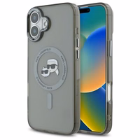 Karl Lagerfeld IML Metal Karl&Choupette Head magnētiskais viedtālruņa apvalks iPhone 16 Plus - melns