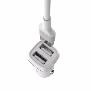 Borofone BZ2 Joyroad automašīnas lādētājs ar 2 USB-A pieslēgvietām, 12 W, ar Lightning kabeli, balts