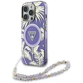 Guess Palm Trees Triangle Pearl Strap Magnētiskais viedtālruņa apvalks iPhone 16 Pro violets