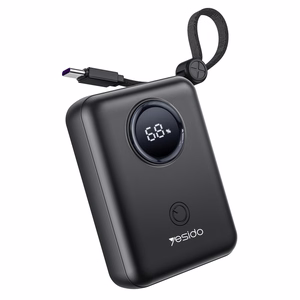 YESIDO POWERBANK YP64 10000mAh 22,5W LED USB-A+C + USB-C/LIGHTNING KABELIS melns