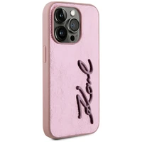 Karl Lagerfeld Wrinkled Metal Signature viedtālruņa apvalks iPhone 15 Pro - rozā