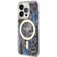 Guess GUHMP14XHLEOPWB iPhone 14 Pro Max 6.7" zils cietais apvalks Leopard Magnētiskais