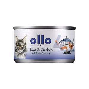Ollo Cat No. 4 – mitrā kaķu barība ar tunci, vistas gaļu, kalmāriem un garnelēm buljonā, 70 g