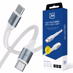 3mk Hyper Cable N-SERIES USB-C / USB-C kabelis 2m PD 3.0 QC 3.0 20V/5A 100W balts