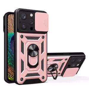Hibrīda bruņu Camshield apvalks ar statīvu un kameras vāciņu iPhone 15 Pro - rozā