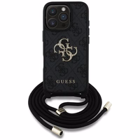 Guess 4G Big Logo Cord Stap viedtālruņa apvalks iPhone 16 Pro - melns