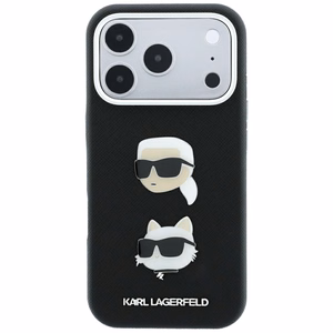 Karl Lagerfeld Saffiano Karl & Choupette Heads Pins & Logo vāciņš modelim iPhone 18 Pro / 17 Pro – melns