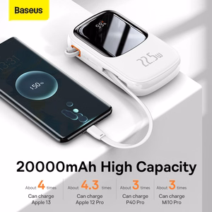 Baseus Qpow ar digitālo indikatoru portatīvais lādētājs ar ātru uzlādi 20000mAh 22.5W QC/PD/SCP/FCP ar iebūvētu USB-C kabeli balta