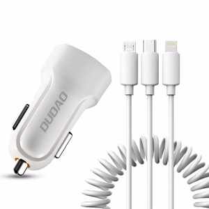 Dudao automašīnas komplekts lādētājs 2x USB 2.4A + kabelis USB 3in1 Lightning / Type C / micro USB kabelis balts (R7 balts)