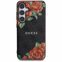 Guess ādas 4G ziedu raksta metāla klasiskais logotips magnētiskais viedtālruņa apvalks Samsung Galaxy S25 - melns