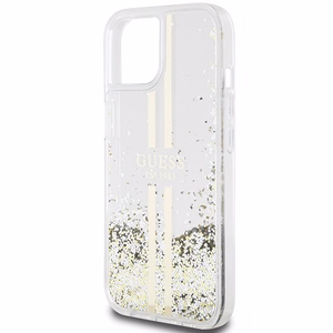 Guess Liquid Glitter Gold Stripes viedtālruņa apvalks iPhone 15 Plus / 14 Plus - caurspīdīgs