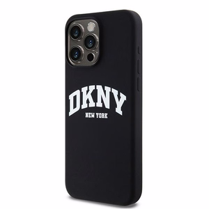 DKNY apvalks no šķidrā silikona MagSafe viedtālrunim iPhone 15 Pro Max ar balto logotipu - melns (m)
