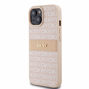 DKNY Ādas mono svītra un metāla logotips viedtālruņa apvalks iPhone 15 / 14 / 13 - rozā