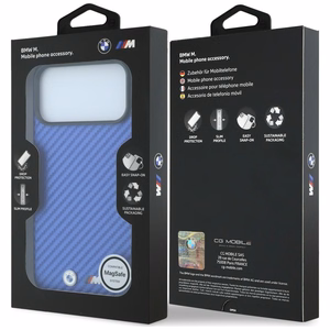 BMW aizsargvāciņš ierīcei iPhone 18 Pro / 17 Pro: (Carbon Metal Logo), saderīgs ar MagSafe, krāsa – zila
