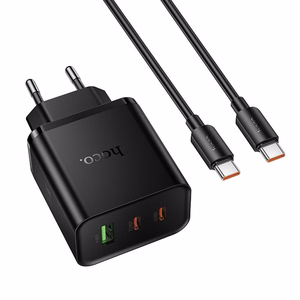 tālruņa lādētājs Hoco 2x USB C + USB A QC3.0 PD 3A 65W + datu kabelis USB C to USB C N75 melns