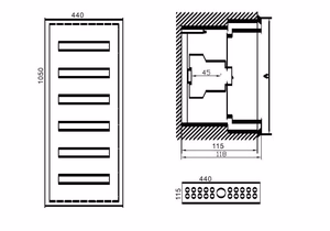 MCB kaste TIBOX 440x1050x115mm; 6x16P, iebūvējamā, iekštelpām