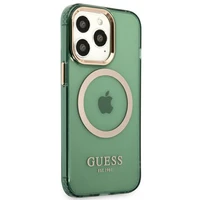 Guess GUHMP13LHTCMA iPhone 13 Pro / 13 6.1" zaļš/khaki cietais viedtālruņa apvalks ar zelta kontūru, caurspīdīgs Magnētiskais MagSafe