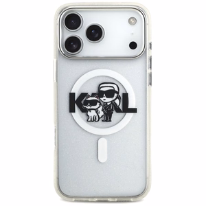 Karl Lagerfeld IML mirdzošais Karl & Choupette skices logotipa magnētiskais viedtālruņa apvalks iPhone 17 Pro Max - caurspīdīgs