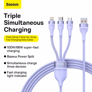 Кабель Baseus Flash Series II 3 в 1 - USB на Type C, Lightning, Micro USB - 100W 6A 1,2 метра (CASS030005) фиолетовый