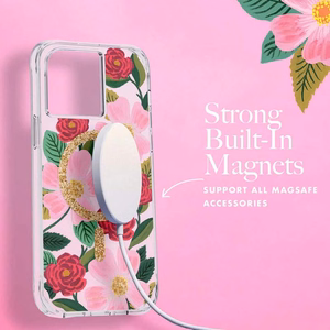 Rifle Paper Clear MagSafe vāciņš ierīcei iPhone 14 Plus, ar zelta krāsas rotājumu, ar “Rose Garden” rakstu