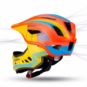 Rockbros TT-32SOYB-S bērnu velosipēda ķivere ar noņemamu zoda aizsargu, izmērs S - dzelteni oranža