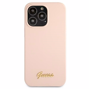 Guess GUHMP13LLSLMGLP viedtālruņa apvalks iPhone 13 Pro / 13 6.1" gaiši rozā cietais silikona ar zelta logotipu MagSafe