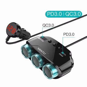 Auto cigarešu aizdedzinātāja ligzdas sadalītājs LM21 - 3 ligzdas + USB + Type C - QC 3.0 PD 3A 122W ar displeju un kabeli
