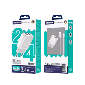 JELLICO sienas lādētājs EU02 2.4A 12W 2xUSB + kabelis Micro Balts