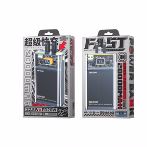 WEKOME WP-325 Vanguard Series ārējais akumulators, 20000 mAh, PD 20 W + QC 22,5 W, ar iebūvētiem USB-C un Lightning kabeļiem, melns un caurspīdīgs