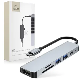HUB Tech-Protect V4 6in1 USB-C - USB-A 3.0 / USB-A 2.0 / USB-C / HDMI / micro SD / TF / SD karšu lasītājs - pelēks