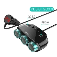 Auto cigarešu aizdedzinātāja ligzdas sadalītājs LM21 - 3 ligzdas + USB + Type C - QC 3.0 PD 3A 122W ar displeju un kabeli