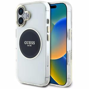 Guess IML Metal Colored Circle Classic Logo Magnētiskais viedtālruņa apvalks iPhone 16 - melns
