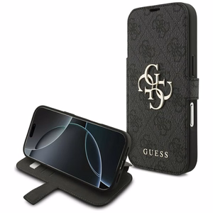 Guess Book 4G Metal Logo atverams maciņš iPhone 18 Pro / 17 Pro, melns